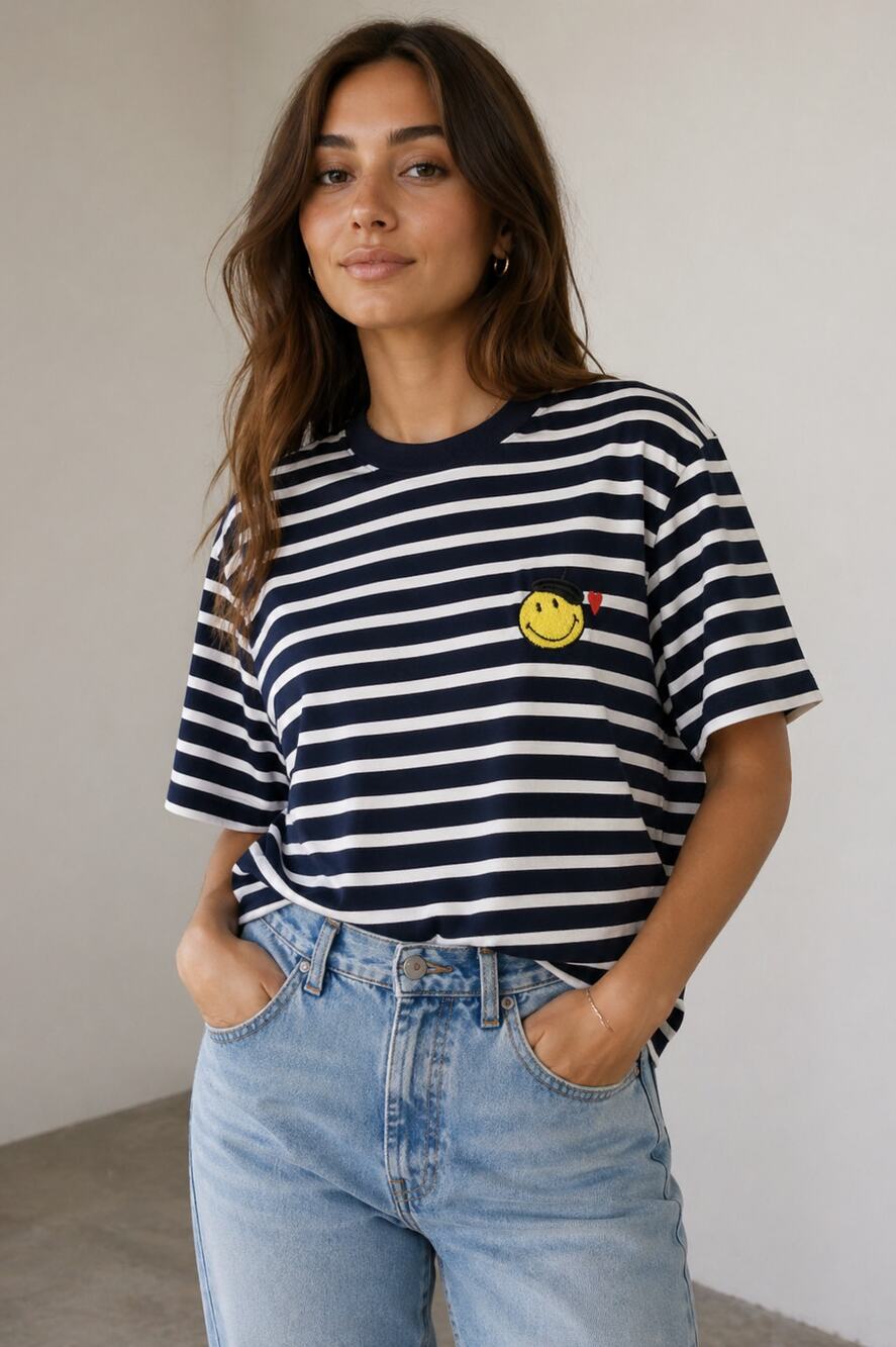 Galeries Lafayette Smiley Face Striped Tee Navy White Cotton Size M